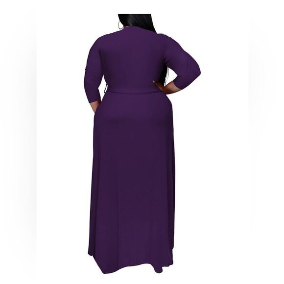 Women Plus Size maxi Dress 3/4 Sleeve V Neck Printing Purple tie belt 4XL - Picture 3 of 7